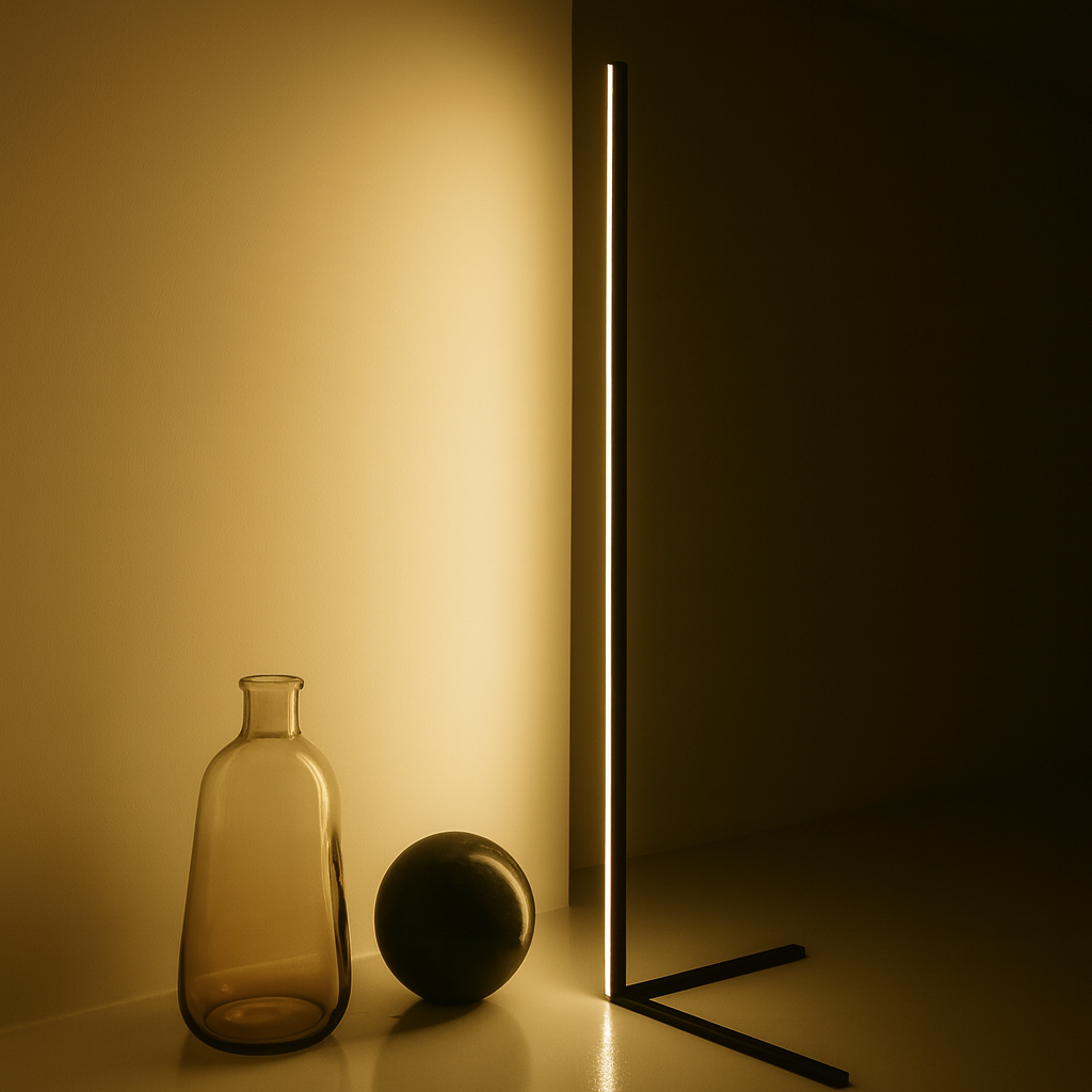 KYOTO smart floor lamp next to a decorative glass vase and a round black object with soft warm light.